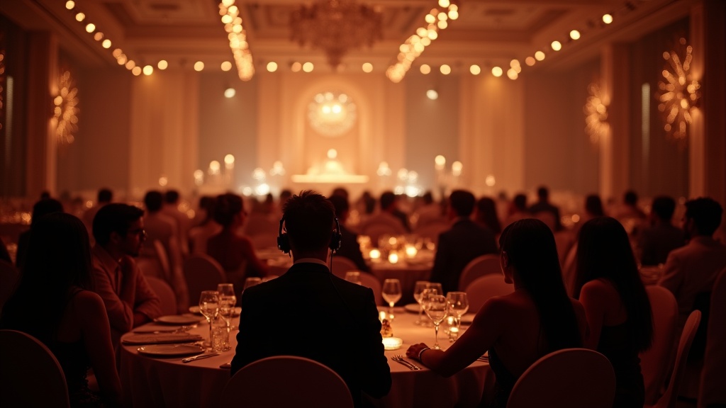 Elegant large-scale corporate event in full operation with professional event crew