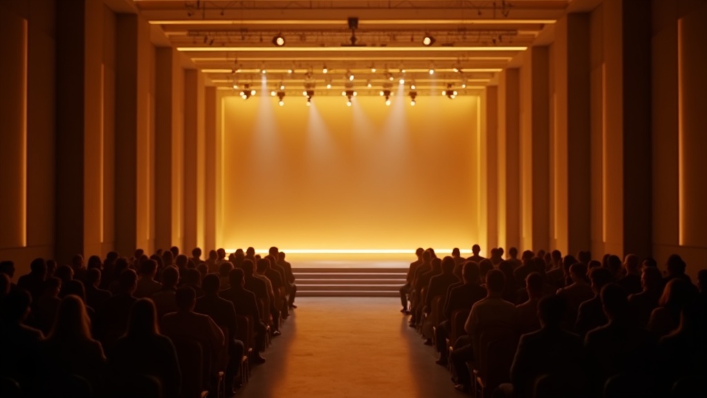Luxury corporate product launch event with dramatic stage lighting and elegant audience